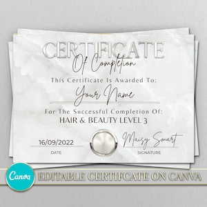 Silver Certificate of Completion Editable With Canva Print Yourself Glam Glitter Certificate Template Training Academy Aesthetics Training