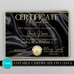 Abschlusszertifikat Editierbar mit Canva Print Yourself Schwarz & Gold Seide Zertifikat Vorlage Training Academy Aesthetics Silky