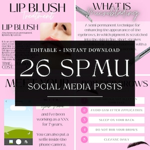 Könnte beinhalten: Eine rosa und schwarze Grafik mit dem Text "26 SPMU Meet Your Powder Brows Social Media Posts" und einer Grafik einer Hand, die ein Werkzeug für das Microblading hält. Die Grafik enthält auch eine rosa und weiße Grafik mit dem Text "Hey I'm..." und einer Grafik einer Telefonkamera. Die Grafik enthält auch eine rosa und weiße Grafik mit dem Text "You Should Not Sleep On Your Face" und einer Grafik einer Augenbraue. Die Grafik enthält auch eine rosa und weiße Grafik mit dem Text "Avoid Gym After Application" und einer Grafik einer Augenbraue. Die Grafik enthält auch eine rosa und weiße Grafik mit dem Text "Sleep On Your Back" und einer Grafik einer Augenbraue. Die Grafik enthält auch eine rosa und weiße Grafik mit dem Text "Do Not Rub Your Brows" und einer Grafik einer Augenbraue. Die Grafik enthält auch eine rosa und weiße Grafik mit dem Text "Cleanse Daily" und einer Grafik einer Augenbraue.