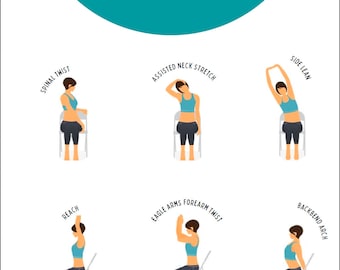 May include: An illustration of six seated stretches, including spinal twist, assisted neck stretch, side lean, reach, eagle arms forearm twist, and backbend arch. The text "STRETCH" is at the top of the image. The text "HOLD FOR 10-20 SECONDS. REPEAT ON EACH SIDE" is at the bottom of the image.