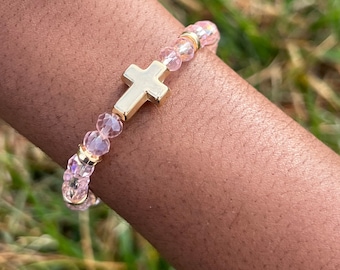 Faceted Rondelle Beaded Christian Cross Bracelet- Women's and Girls' Jewelry