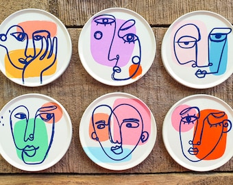 Lot de 6 sous-verres avec motif visages artistiques POP ART • Cadeaux de Noël • Cadeaux pour elle • Décorations pour la maison