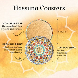May include: Set of colorful coasters with a mandala design. The coasters have a cork base and a durable, lightweight metal top. Each coaster measures 3-5 inches in diameter.