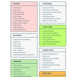 May include: A Spring Cleaning Checklist document featuring a floral header and six colour-coded sections: Kitchen, Living Room, Bathroom, Family Room, Bedrooms, Laundry Room, and Other Tasks. Each section contains a list of cleaning chores with checkboxes.