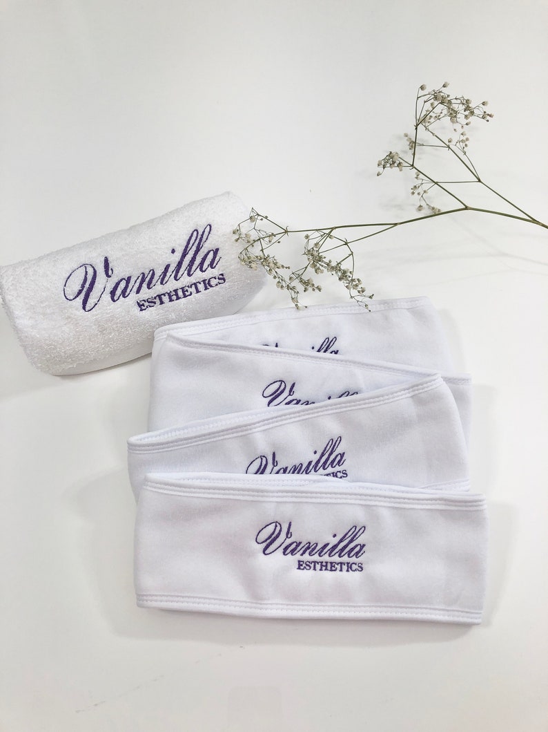 Conjunto de diadema de spa con logo para esteticista Diadema de spa ajustable cierre de velcro bordado logotipo personalizado conjunto de regalo de spa diadema facial imagen 7