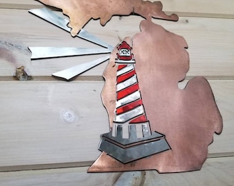 Michigan Lighthouse Metal Artwork - Nautical State Silhouette, Great Lakes Decor