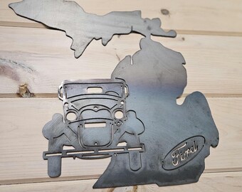 Michigan Model A Metal Wall Art - Vintage Ford Model A on Michigan Outline