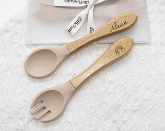 Personalized kids Spoon and Fork Set / Silicone Spoon and Fork /Silicone Tableware/Daycare Spoon and Fork/Personalized Baby Shower Gift