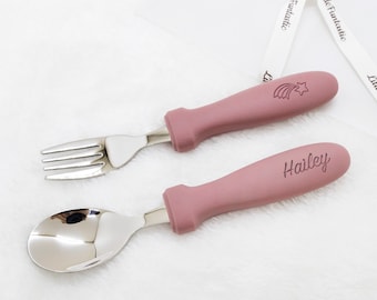 Personalized kids Spoon and Fork Set / Silicone/ Stainless steel Spoon and Fork /Daycare Spoon and Fork/Personalized Baby Shower Gift