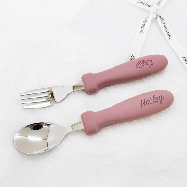 Personalized kids Spoon and Fork Set / Silicone/ Stainless steel Spoon and Fork /Daycare Spoon and Fork/Personalized Baby Shower Gift