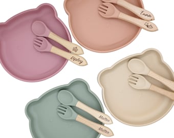 Juego de silicona personalizado con diseño de oso para la alimentación complementaria / Vajilla de madera grabada con cuchara y tenedor
