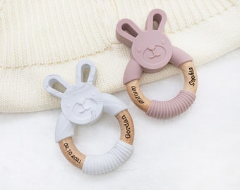 Easter Gift/Personalized Baby Ring Toy/ Baby Bunny Teether/Personalized Wooden Teether /Wooden Silicone Teething Toy/Wooden soother toy