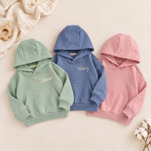 May include: Three long-sleeve hooded sweatshirts with front kangaroo pockets. The sage green hoodie features the name Oliver, the blue hoodie features the name Henry, and the pink hoodie is plain. Each garment has a hood and ribbed cuffs.
