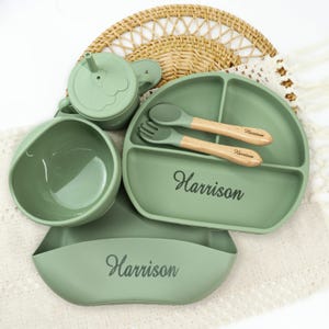 Personalized Silicone Baby Feeding Set | Sage Green Dinnerware, Baby Shower Gift