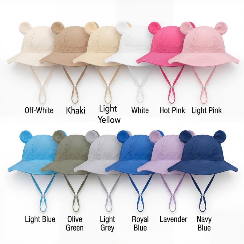 May include: A collection of twelve bucket hats with bear ears and chin straps, displayed in two rows. Colors include off-white, khaki, light yellow, white, hot pink, light pink, light blue, olive green, light grey, royal blue, lavender, and navy blue.