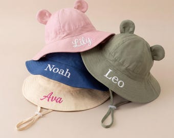 Personalized Baby Sun Hat with Bear Ears, Custom Name Toddler Bucket Hat