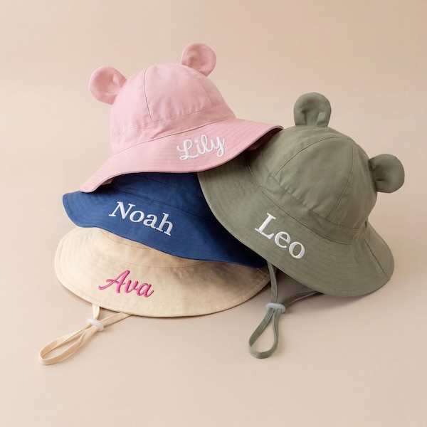 Gorro de sol personalizado para bebé con orejas de oso, gorro tipo cubo personalizado con nombre para niño pequeño