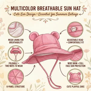 May include: A pink sun hat with rounded ears on top, a wide brim, and an adjustable chin strap. The illustration includes text labels: MULTICOLOR BREATHABLE SUN HAT, MESH LINING FOR BREATHABILITY, ADJUSTABLE HEAD, FOLDABLE, WIDE BRIM, 6-PANEL STRUCTURE, CUTE PLAYFUL EARS.