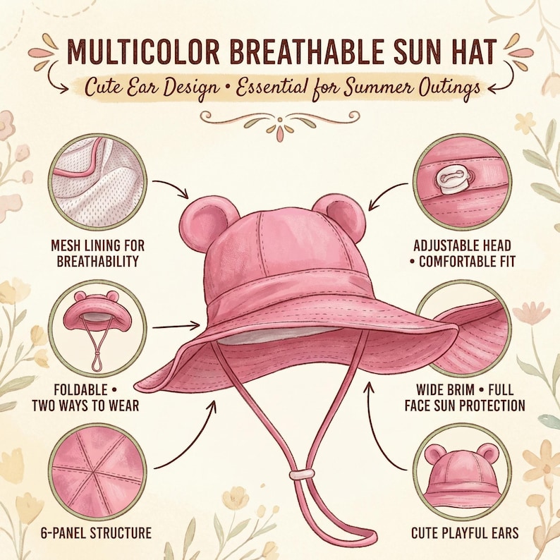 May include: A pink sun hat with rounded ears on top, a wide brim, and an adjustable chin strap. The illustration includes text labels: MULTICOLOR BREATHABLE SUN HAT, MESH LINING FOR BREATHABILITY, ADJUSTABLE HEAD, FOLDABLE, WIDE BRIM, 6-PANEL STRUCTURE, CUTE PLAYFUL EARS.
