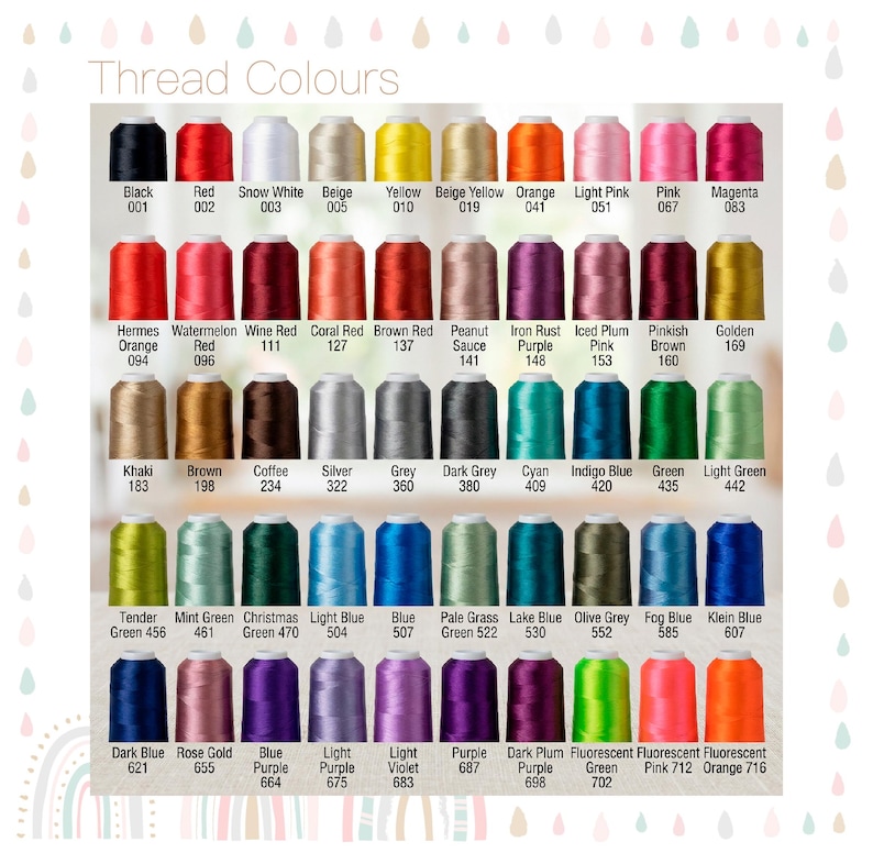 May include: A color chart titled Thread Colours displaying rows of embroidery thread spools in various shades including black, red, white, beige, yellow, orange, pink, magenta, brown, purple, green, blue, and grey with corresponding names and numbers.
