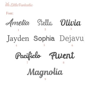 May include: A font selection chart labeled LittleFuntastic featuring nine numbered text styles. The names Amelia, Stella, Olivia, Jayden, Sophia, Dejavu, Pacificlo, Awent, and Magnolia are displayed in various dark gray cursive and serif typefaces.