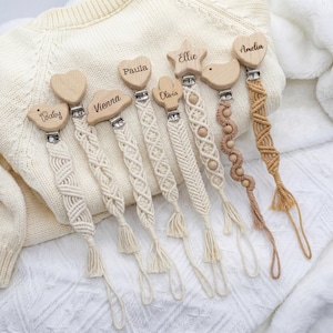 Personalized Macrame Pacifier Clip, Beech Wood Baby Accessory