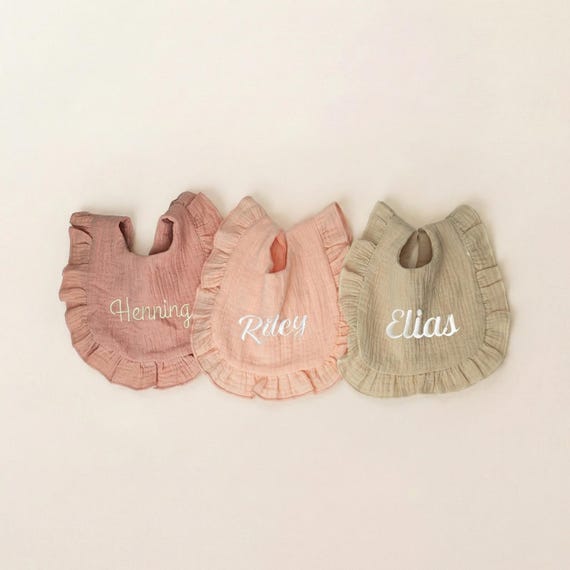Personalized Ruffle Baby Bib with Name, Embroidered Cotton Bib, Baby Girl Gift