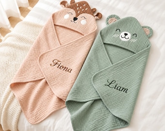 Personalized Baby Hooded Towel with Name, Muslin Cotton Bath Towel, Embroidered Newborn Gift, Baby Shower Gift