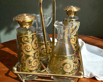 Juego de aceitera y vinagrera vintage Culver Valencia con caja de vidrio verde y baño de oro de 22k, estilo MCM.