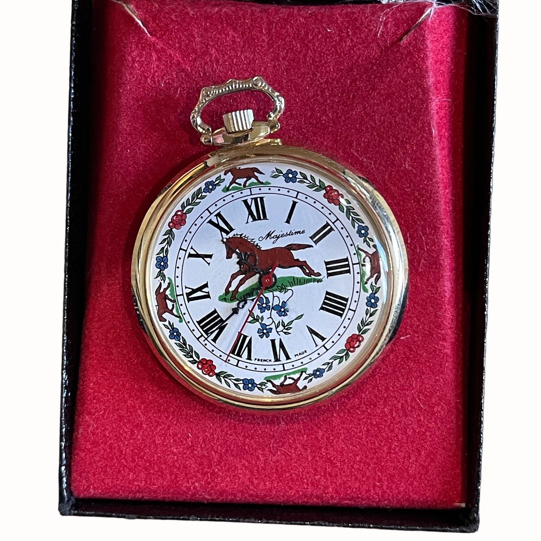 Majestime Horse Pocket Watch in Box Gold Tone 17 Jewels Etsy