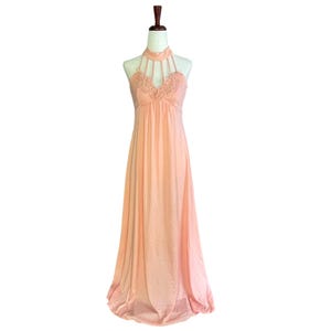 Vintage Halter Neck Lace Long Prom Maxi Formal Dress 1970s Polyester Peach