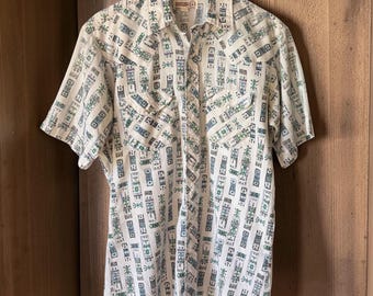 Camisa vaquera vintage Sheplers para hombre, talla M, estampado del suroeste, botones de perla, manga corta