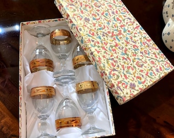 Vtg J. Preziosi Juego de copas de vino italiano 24K Borde de oro Lavorato A Mano Caja florentina