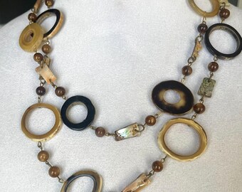 Vtg Tigers Eye Ring Shell Abalone Glass Bead Long Earth Tones Natural Necklace