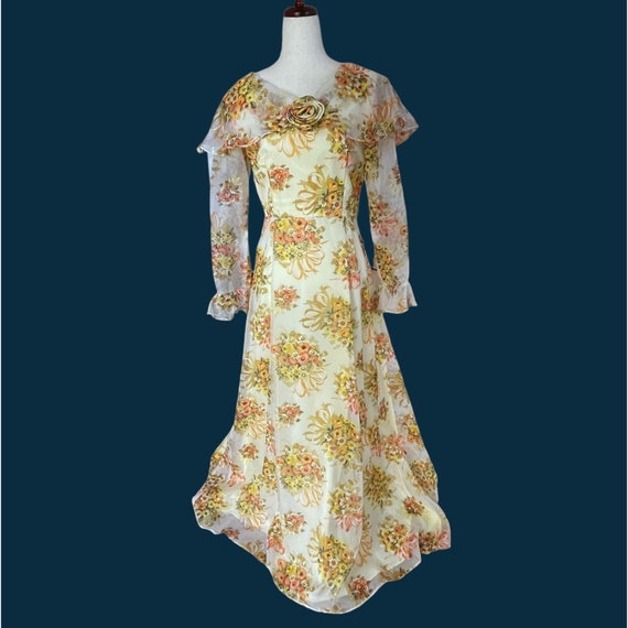 WOW Vtg Sylvia Ann Orange Yellow Floral Chiffon C… - image 2