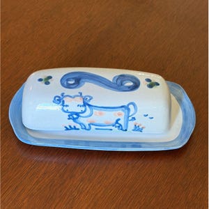 M A Hadley Pottery Country Scene Blue Butter Dish Cow Covered Dish Stoneware