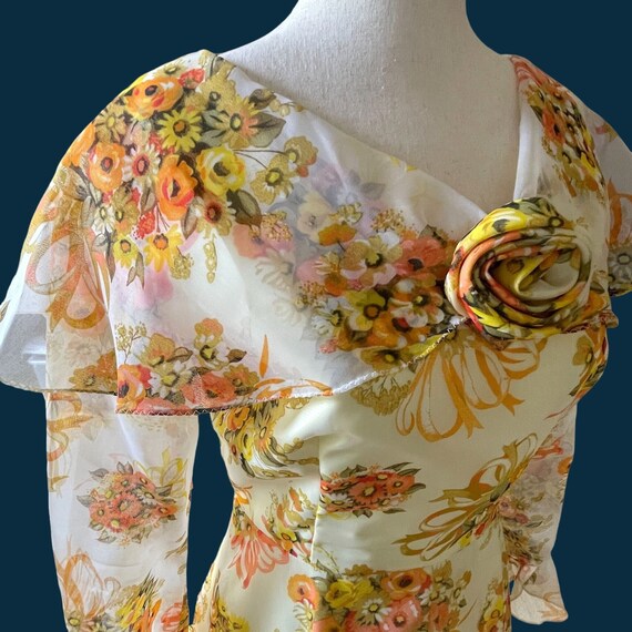 WOW Vtg Sylvia Ann Orange Yellow Floral Chiffon C… - image 7