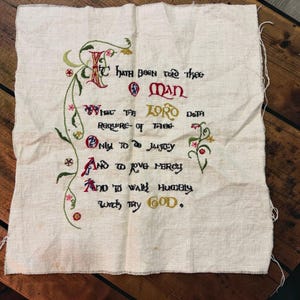 Vintage Embroidered Sampler Micah 6:8 Biblical Verse Linen Needlework 18 x 18.5