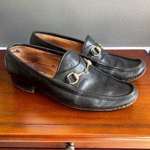 Vintage Gucci Horsebit 1953 Loafers Schwarz 1970er Jahre Schuhe Herren 44.5 S 11N