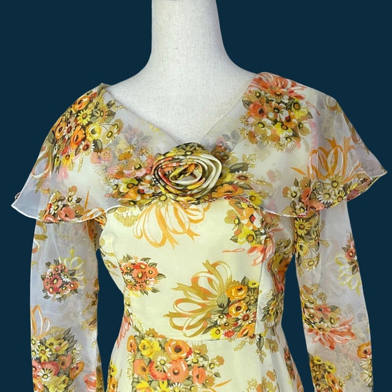 WOW Vtg Sylvia Ann Orange Yellow Floral Chiffon C… - image 5