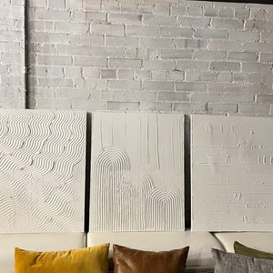 set of 3 textured minimalist art, beige textured abstract art, plaster wall art, white minimalist painting, white wall art, boho wall art