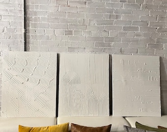 set of 3 textured minimalist art, beige textured abstract art, plaster wall art, white minimalist painting, white wall art, boho wall art