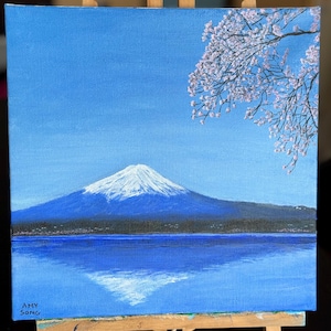 Mount Fuji Acrylic Painting: Japanese Cherry Blossom Landscape, 10x10