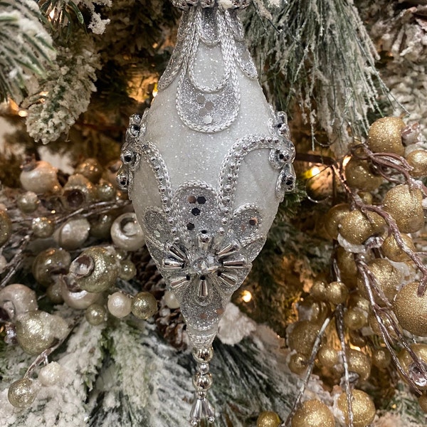 Iced Silver and White Ornate Ornament