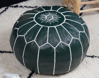 Dark Green Handmade Pouf, Moroccan Foot Stool Ottoman, Moroccan Pouffe, Unique Home Decor For Living Room, Bedroom - Unique Gifts