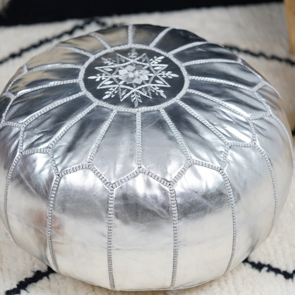 Pouf ottoman marocain en argent | Pouf Pouf marocain en cuir | Pouf en cuir | Pouf de sol | Pouf marocain | Cadeau pour elle