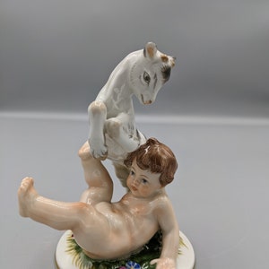 Vintage Augarten Austria Wien Vienna Porcelain Boy Cherub and Goat Figurine 4&quot;