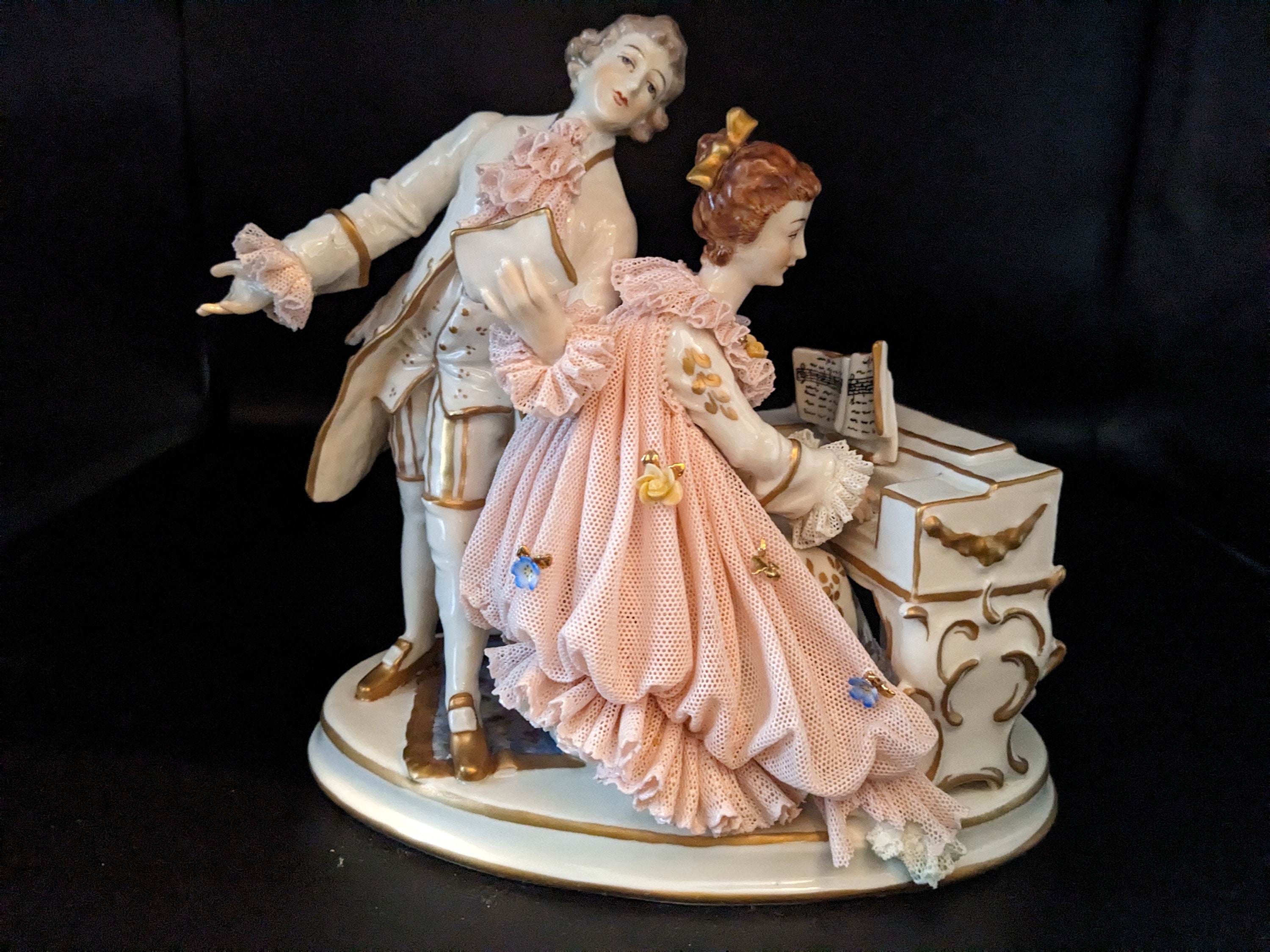 Antique German Ackermann & Fritze Porcelain Lace Figurine Singing