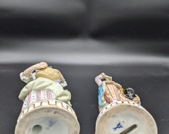 Antique Large German Meissen Set of 2 Porcelain Figurines Crossed