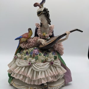 Large Antique Volkstedt German Porcelain lace Figurine Lady with Parrot 9&quot; Rare